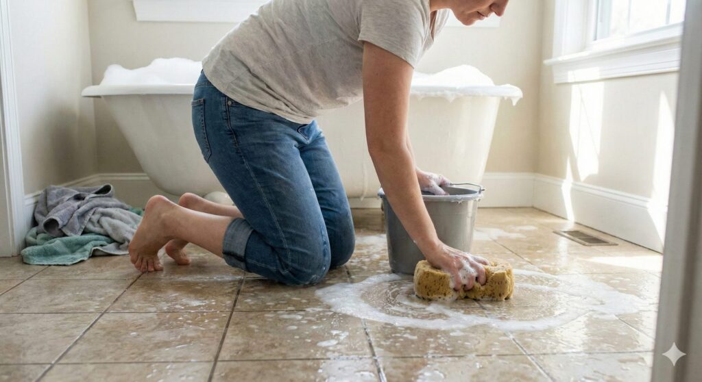 夢占いで運気好転のサインとされる、清潔な浴室でスポンジを使って掃除をしている様子