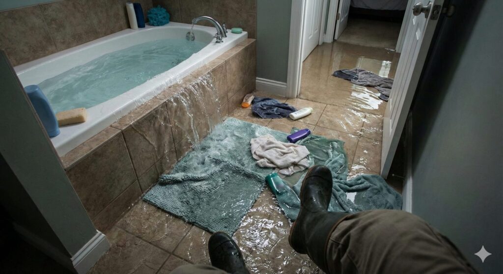 夢占いで生活への影響を暗示する、お風呂からあふれた水で床が水浸しになっているイメージ