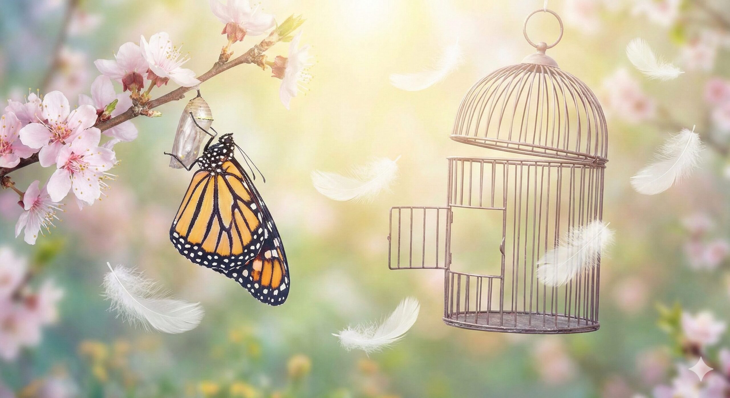 サナギから羽化したばかりの蝶と、開かれた空の鳥かご。宙に舞う白い羽根と柔らかな光が差し込む、自由と変容を象徴する春の風景。
