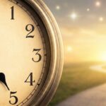 5時55分を指すアンティーク調の時計と、朝日に照らされた輝く一本道。人生の転機と明るい未来を象徴する幻想的な風景。