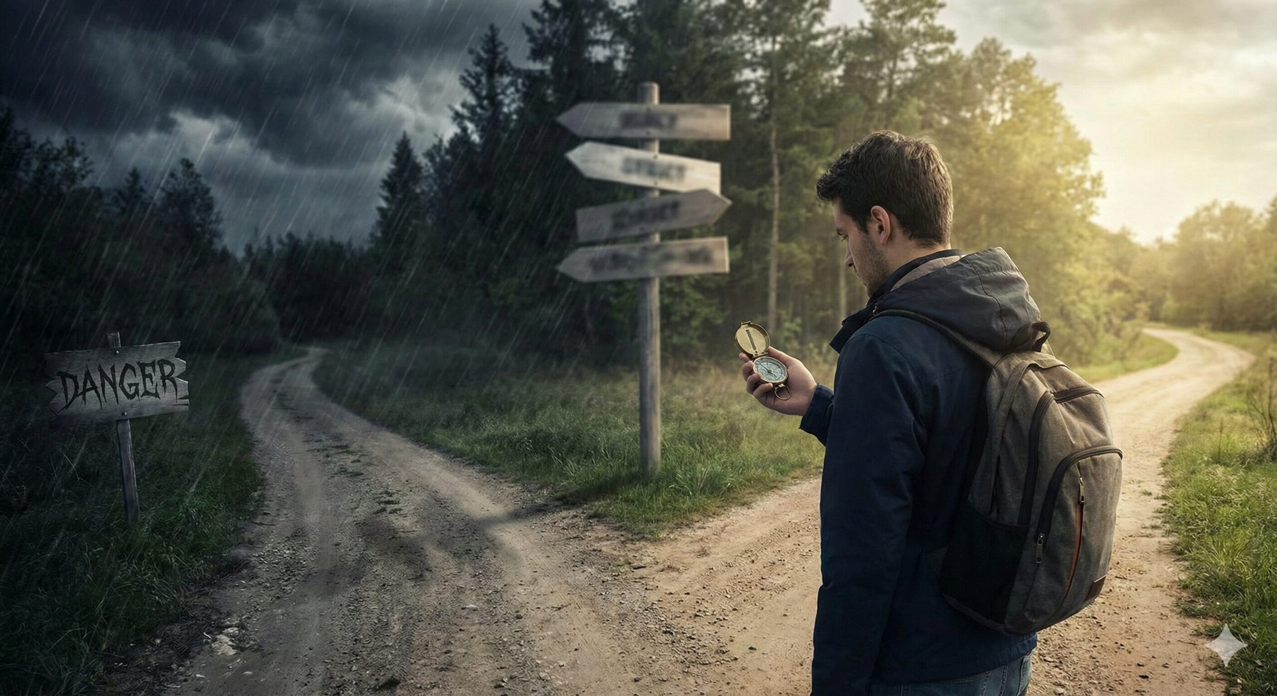 分かれ道で金のコンパスを見つめる旅人の後ろ姿。嵐が吹き荒れる暗い道と、穏やかな日差しが差し込む道の対比。