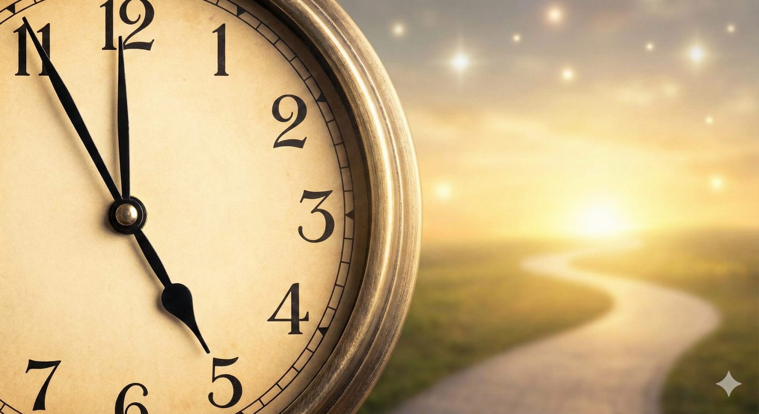 5時55分を指すアンティーク調の時計と、朝日に照らされた輝く一本道。人生の転機と明るい未来を象徴する幻想的な風景。