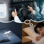 眠っている女性の頭上に、操縦席での操作、窓からの青空、墜落する機体など、飛行機の夢の様々なシーンが浮かんでいる幻想的なコラージュ画像。手前には夢占いの本が置かれている。