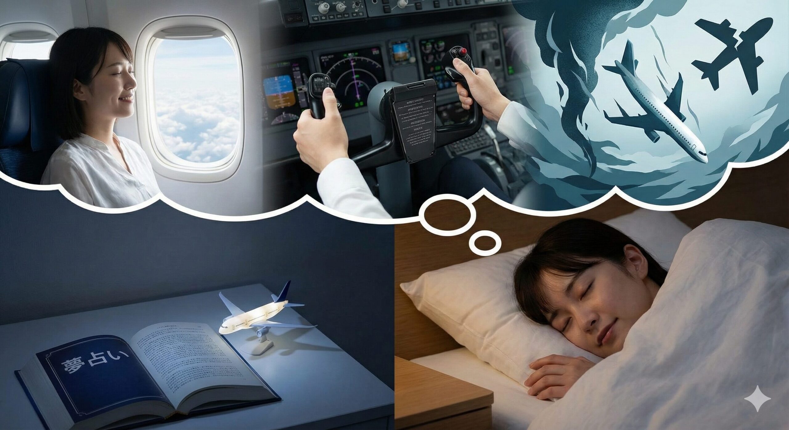 眠っている女性の頭上に、操縦席での操作、窓からの青空、墜落する機体など、飛行機の夢の様々なシーンが浮かんでいる幻想的なコラージュ画像。手前には夢占いの本が置かれている。