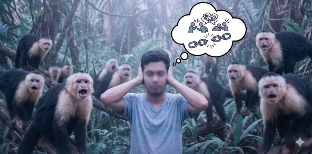 夢占いのイメージ:騒がしい猿の群れに囲まれ、耳を塞いで苦悩する人。頭上の吹き出しには人間関係のトラブルやストレスを示すイラストが描かれている。