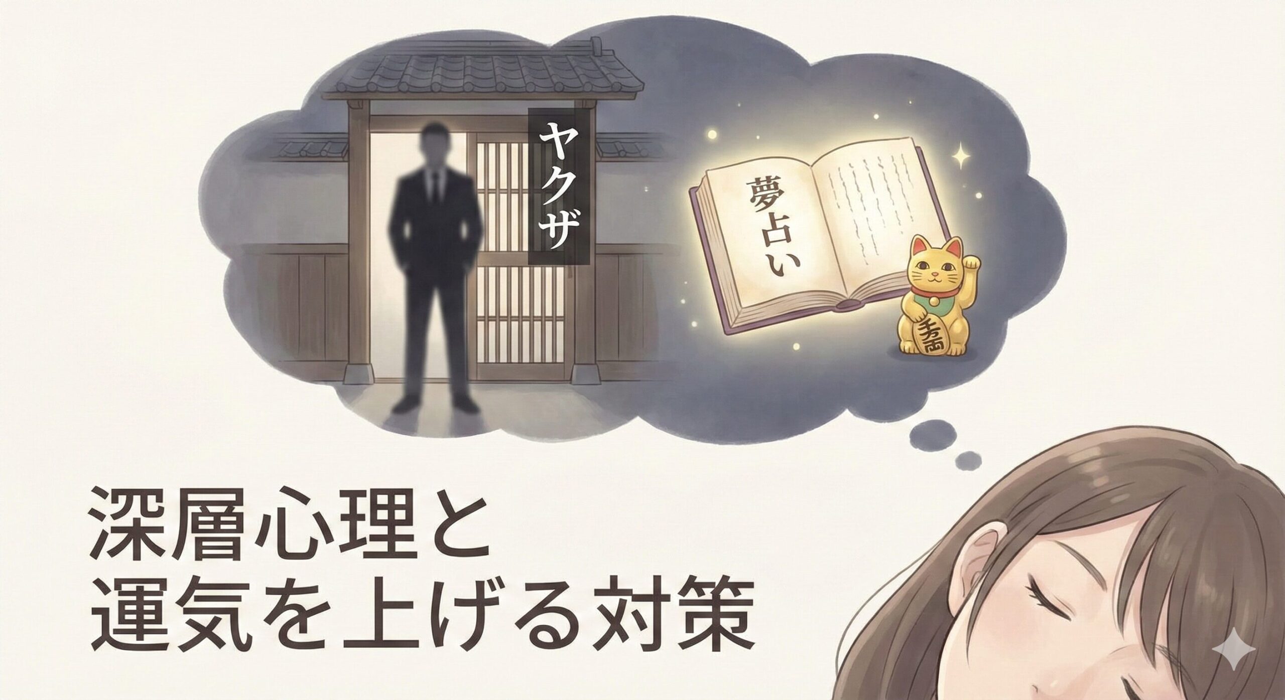 【夢占い】ヤクザが家に来る夢の意味は？深層心理と運気を上げる対策。寝ている女性の夢の中に、ヤクザの影、夢占いの本、招き猫が描かれたアイキャッチ画像