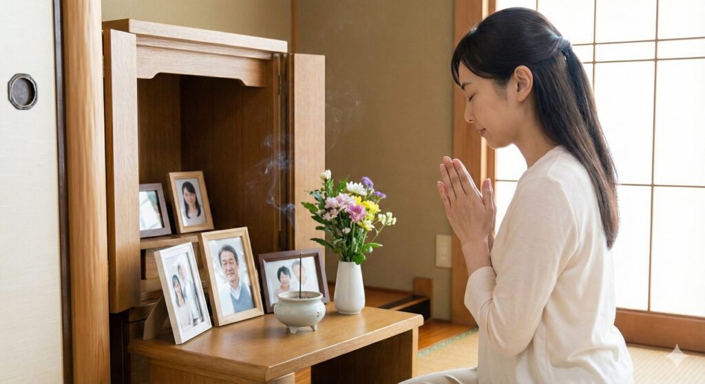 複数の遺影や花が供えられた仏壇の前で、静かに手を合わせて祈る日本人女性。亡くなった家族への供養と感謝の気持ちを伝えている真摯な姿。