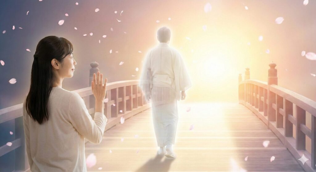 強い光に包まれた橋を渡り、彼岸へと旅立つ白装束の故人の後ろ姿に手を振って見送る日本人女性。桜の花びらが舞う幻想的な光景で、魂の穏やかな旅立ちと成仏を象徴している。