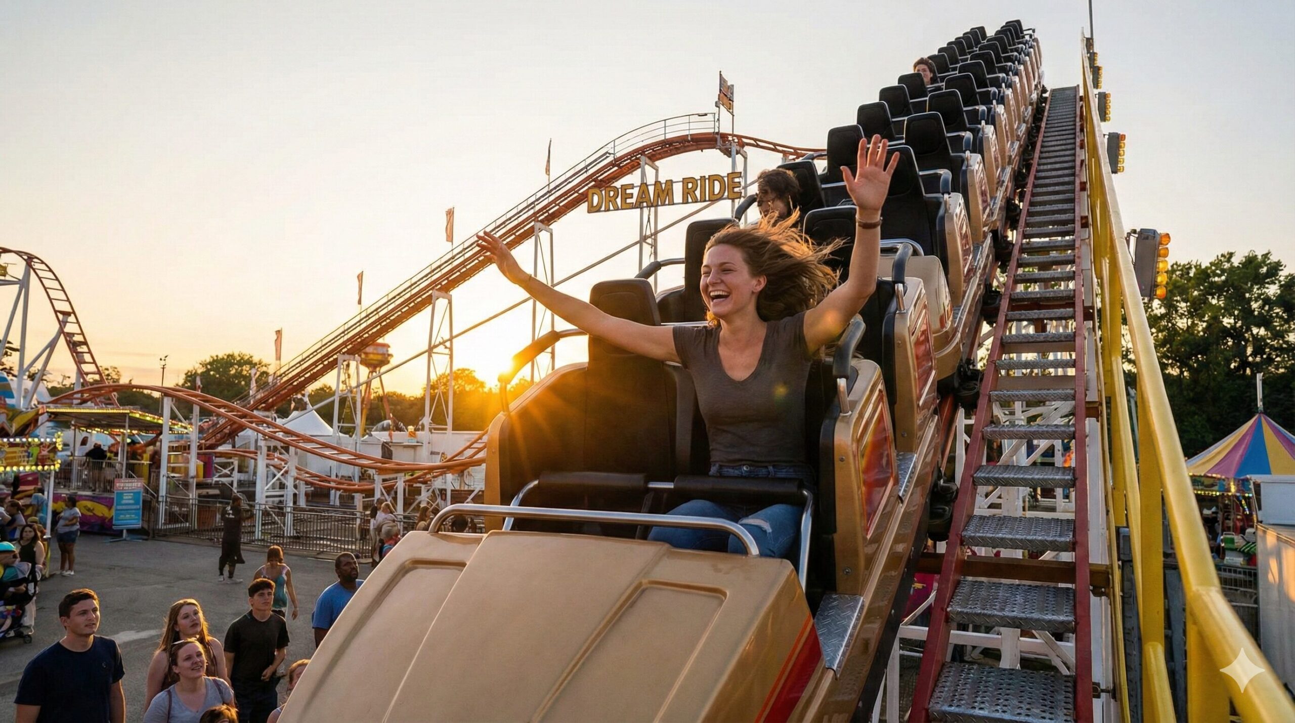 夕暮れの遊園地で、「DREAM RIDE」と書かれたジェットコースターに乗り、恐怖を感じずに心から楽しんで笑っている女性のイメージ。