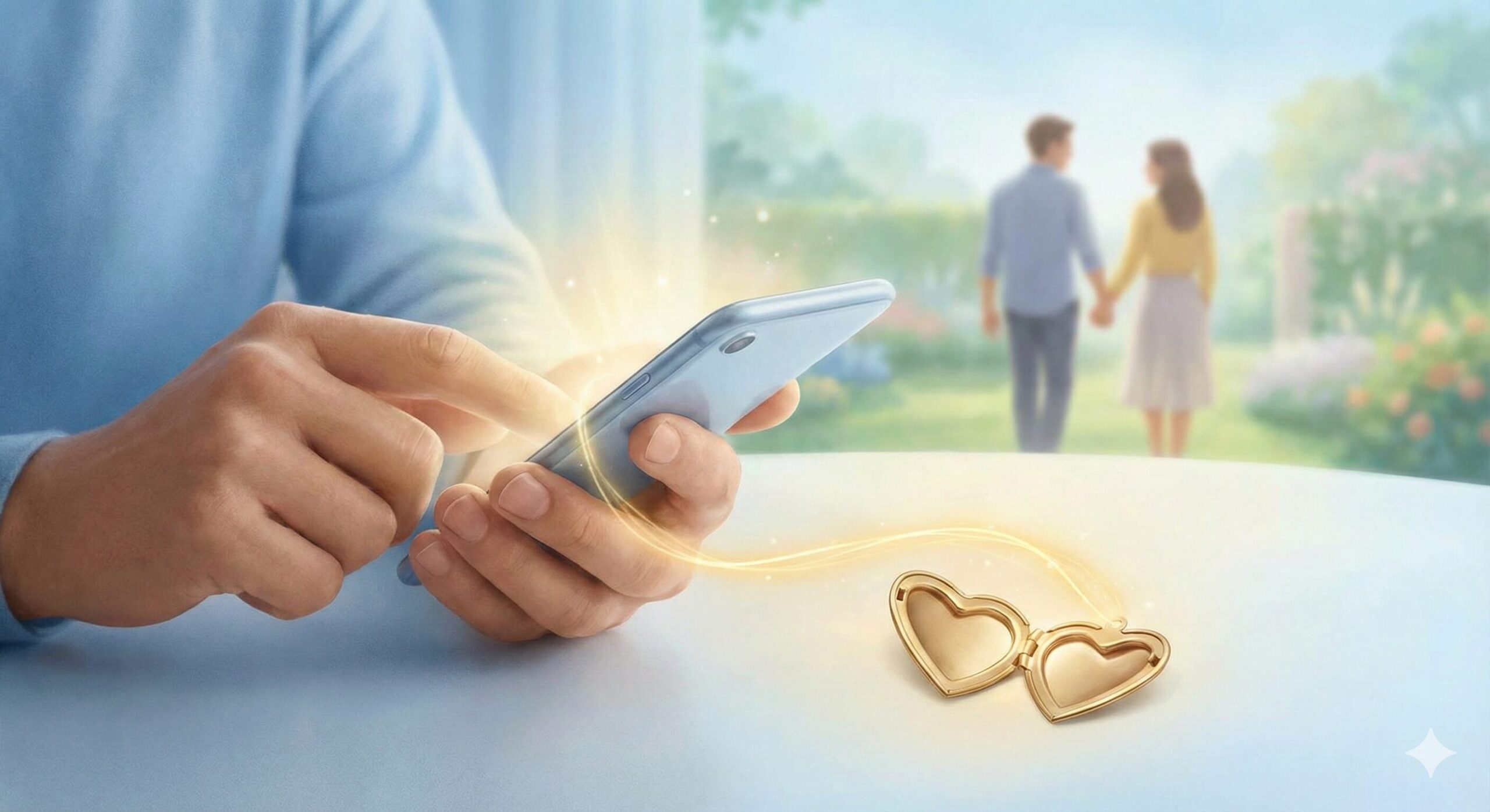 スマートフォンを操作する手元と、背景にぼんやりと映る仲良く手をつないで歩く男女の姿。手前には復縁や愛の再燃を象徴する黄金のハート型ロケットペンダントが置かれている。