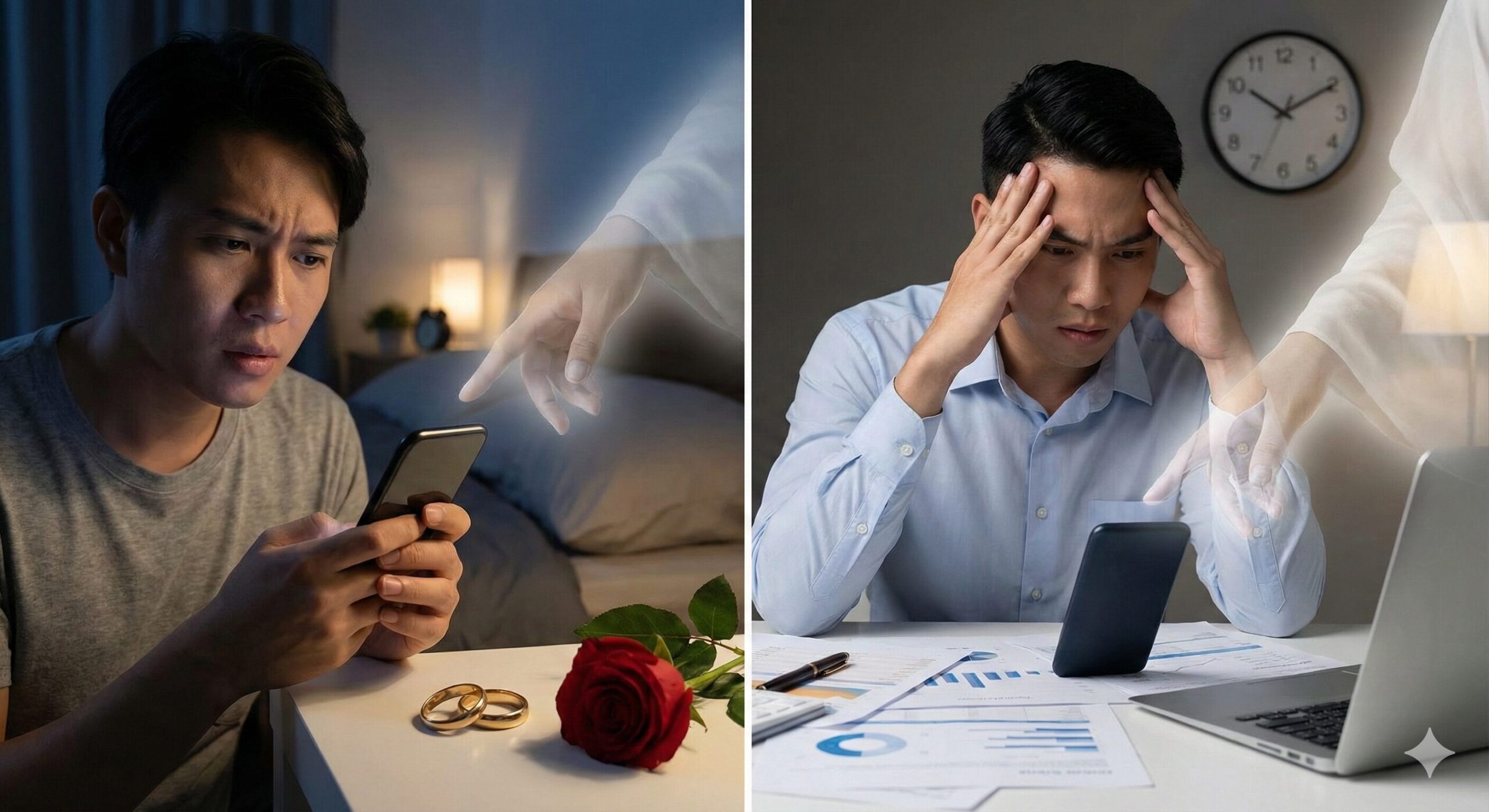 不倫の悩み（左）と仕事の悩み（右）を抱え、夜の部屋やオフィスでスマートフォンを見て苦悩する男性の分割画像。それぞれの男性のそばには、導きを与えるような占い師の幻想的な白い手が添えられている。