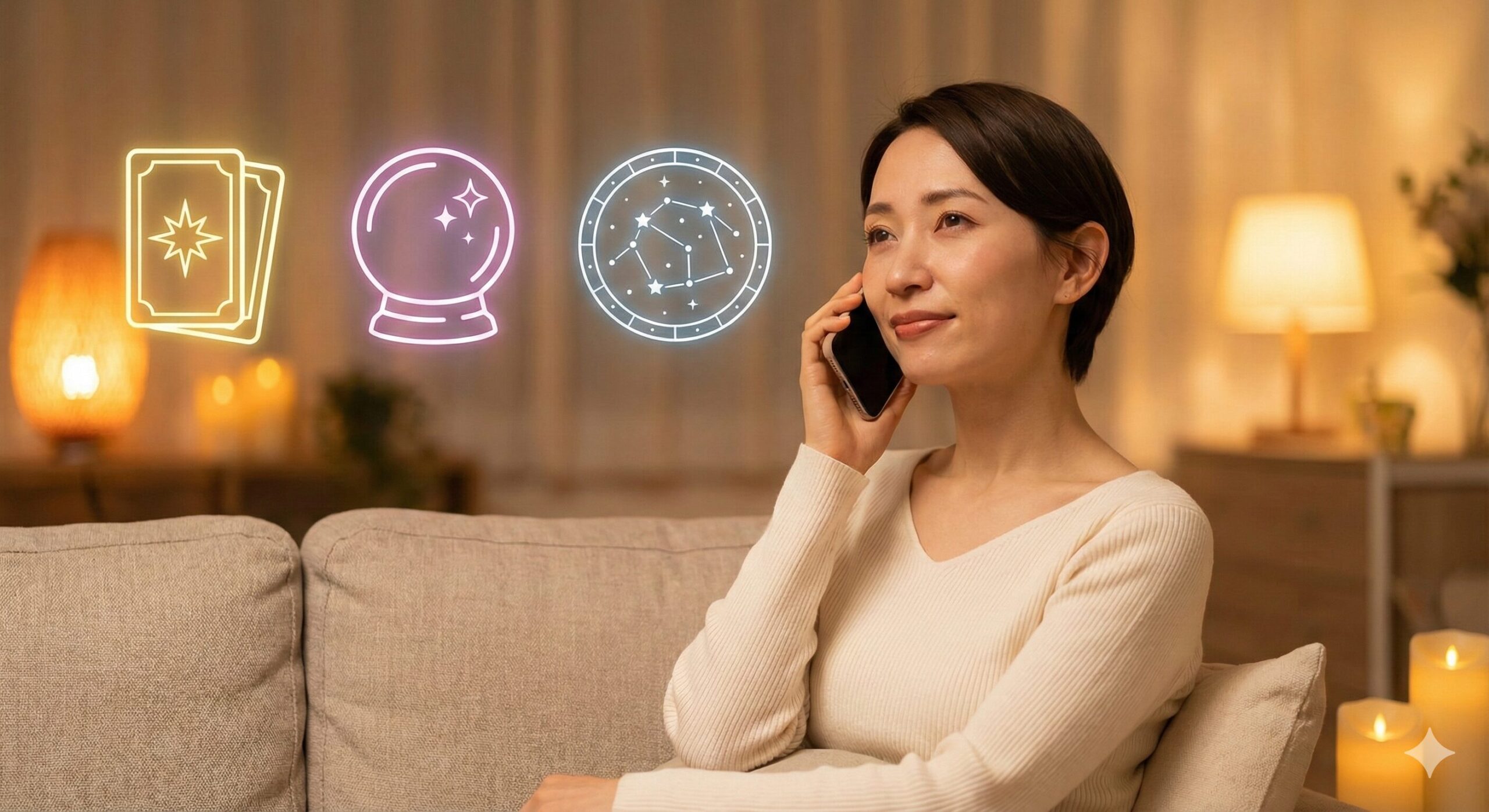 夜のリラックスした室内で、スマートフォンを使って電話占いを楽しむ女性。背景にはタロットカード、水晶玉、星座チャートといった占いを象徴する光るネオンアイコンが浮かんでいる。
