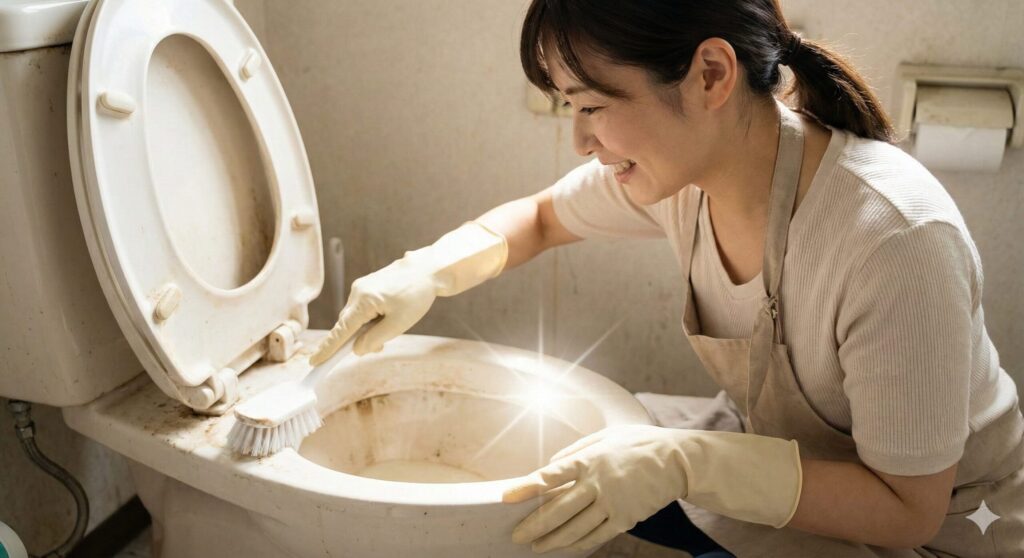 汚れていたトイレをブラシを使って前向きな表情で掃除する日本人女性。夢占いの対処法として、自らの手で問題を解決し運気を好転させるアクションを描いたイメージ画像。