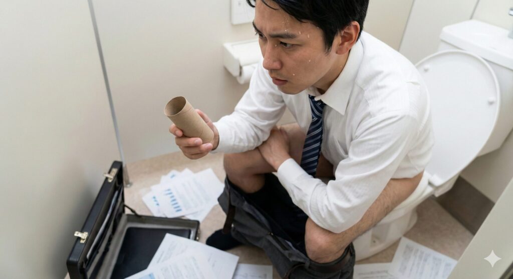 トイレの個室でトイレットペーパーの芯だけを持って呆然とする、スーツ姿の日本人男性。準備不足や解決策の欠如を暗示する「紙がない夢」の不安感を表現したイラスト。