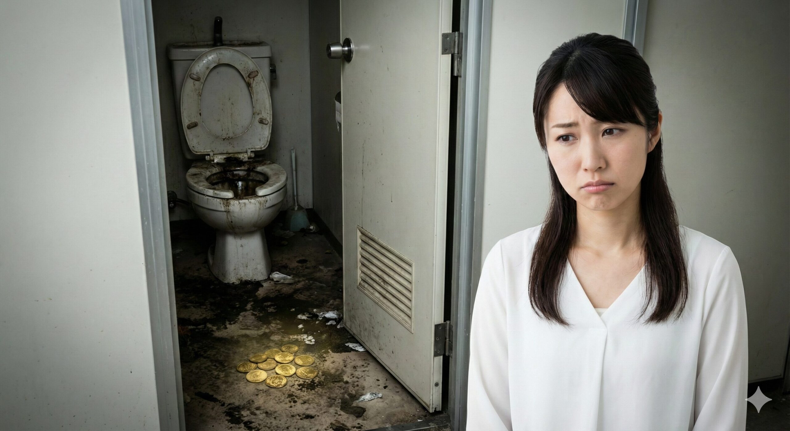 汚れていて入れないトイレの前に立ち尽くし、困惑の表情を浮かべる日本人女性。夢占いにおける「汚いトイレ」と「用を足せない」という葛藤、および足元にある金貨が示す金運の予兆を表現したアイキャッチ画像。