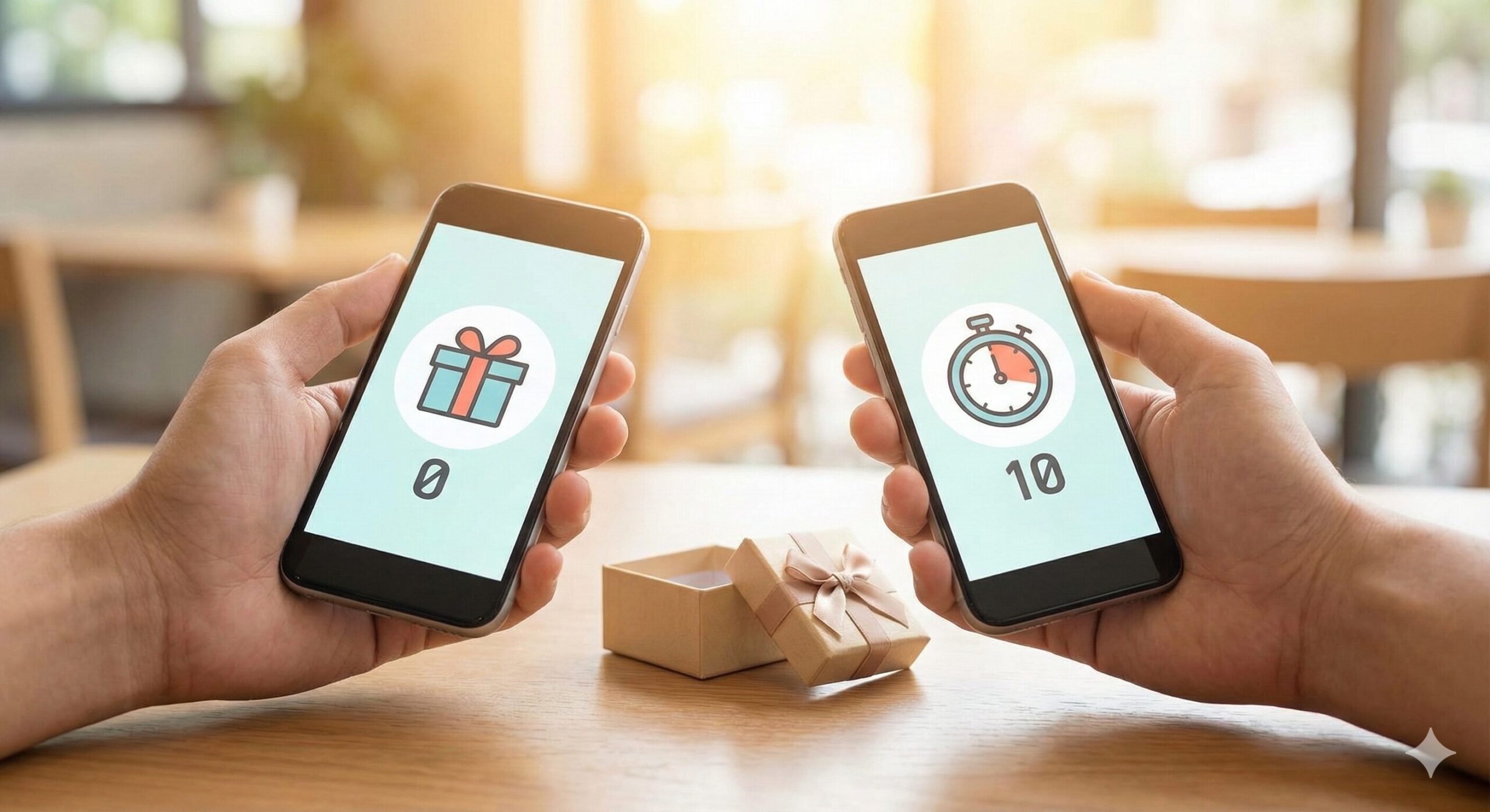 チャット占いの初回無料特典を比較する様子。左のスマホはポイント制（ギフト）、右のスマホは時間制（ストップウォッチ）を表示。