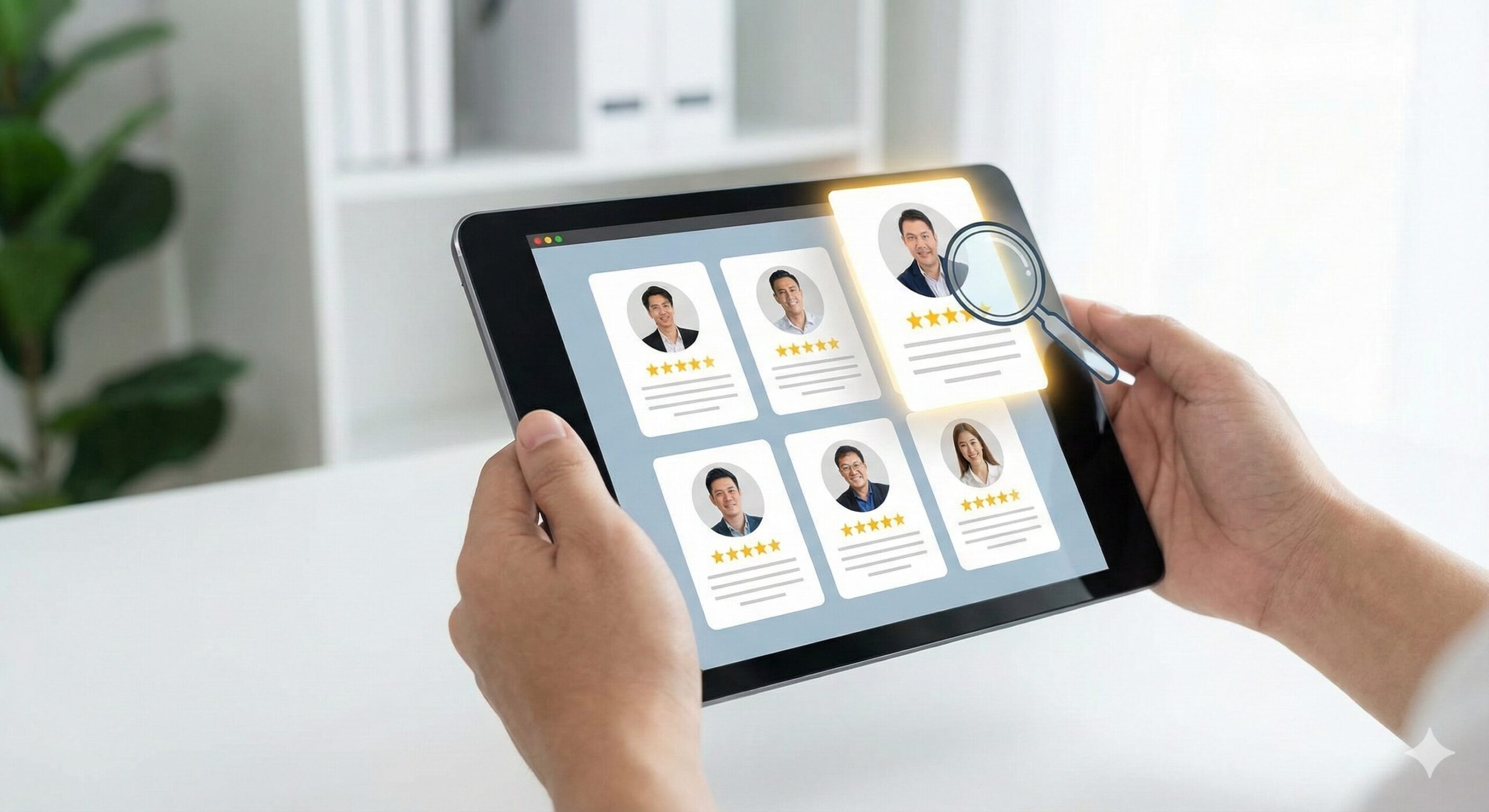 タブレットで口コミや評判が良い当たる占い師のプロフィールを検索し、虫眼鏡で詳細を確認しているイメージ。