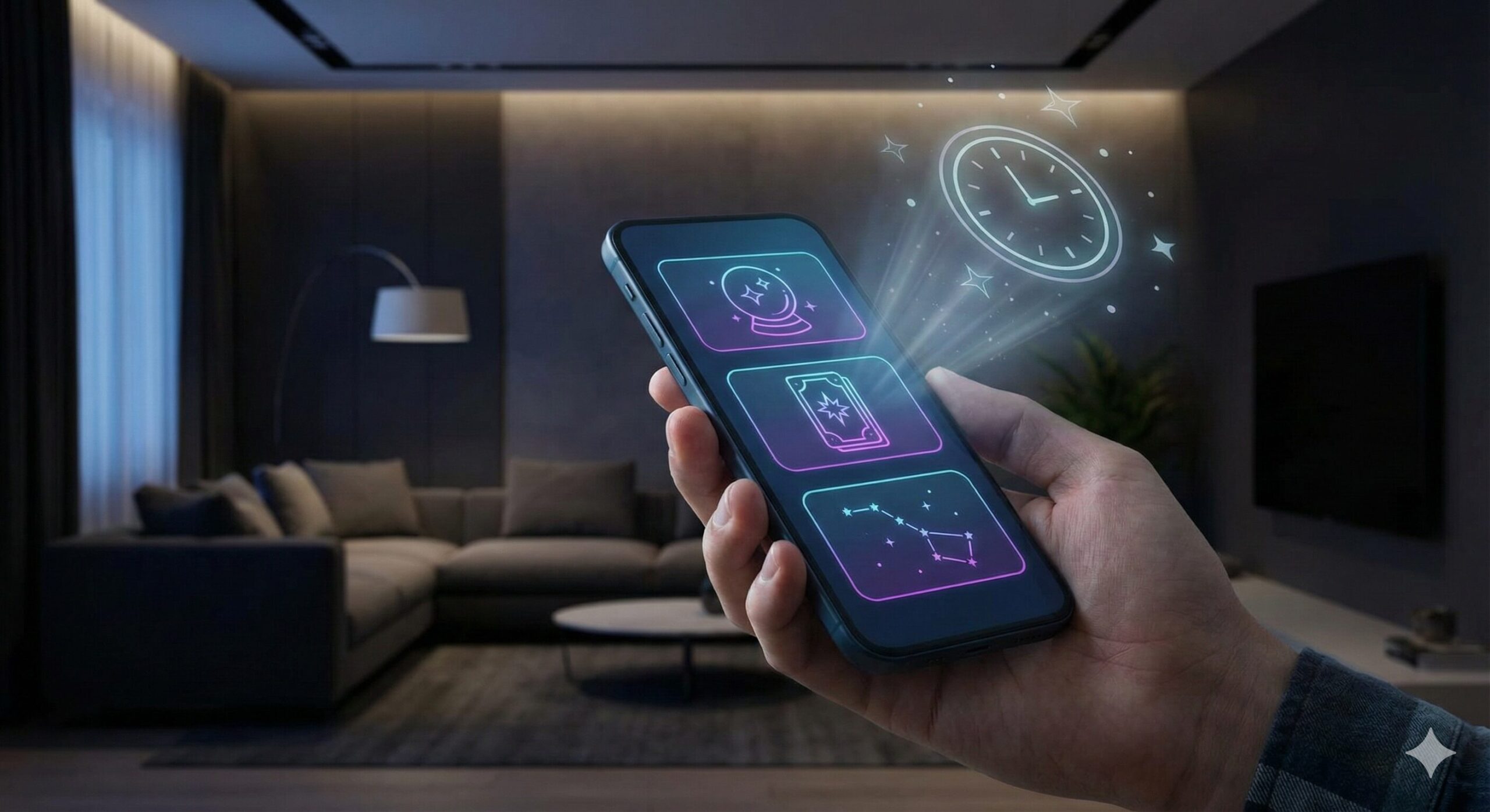 2026年最新のチャット占いサイト選びをイメージした、スマートフォンとホログラムのアイコン（水晶玉、タロット、星座、時計）