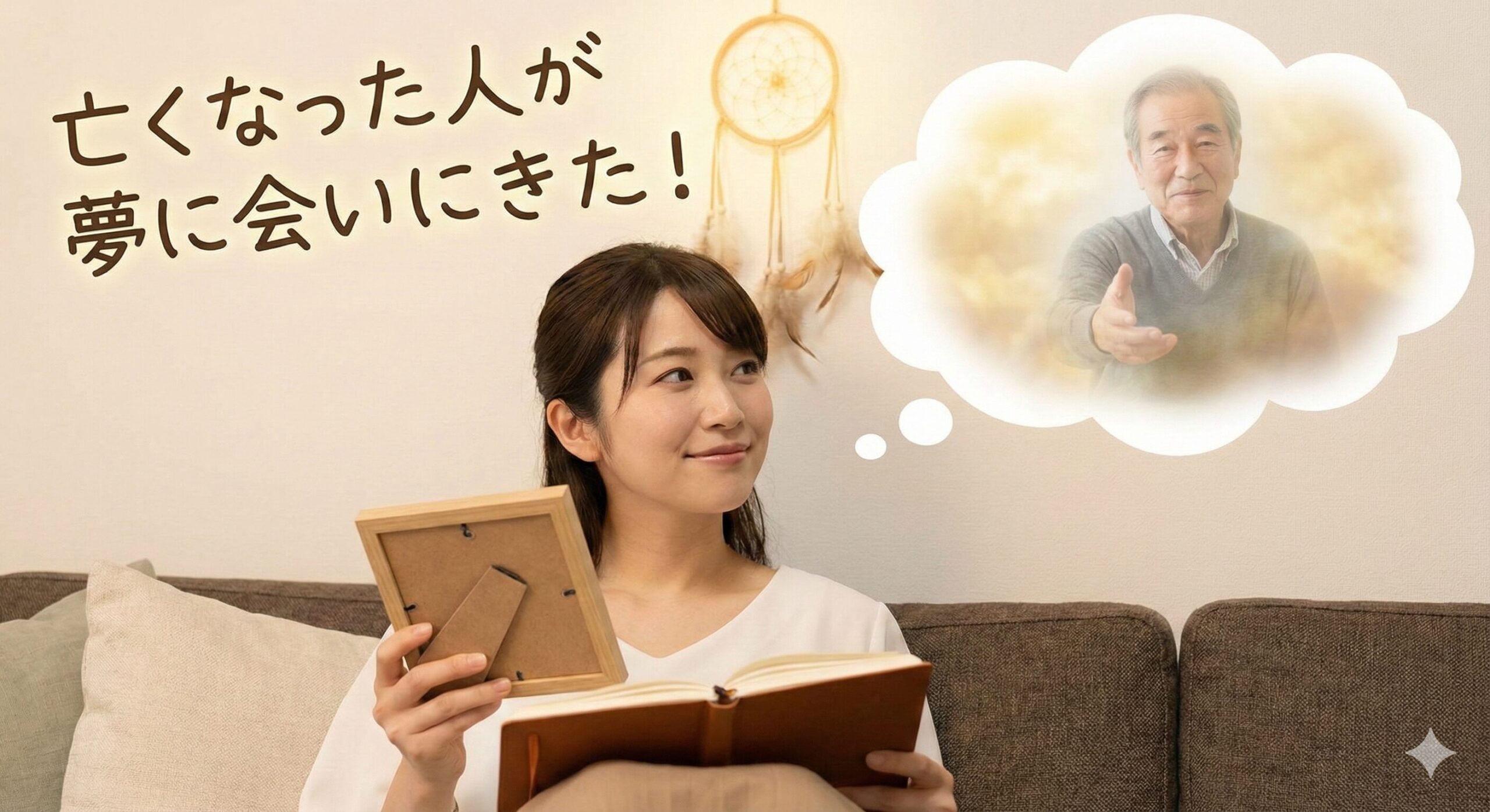 「亡くなった人が夢に会いにきた！」というテキストと共に、遺影とノートを手にした日本人女性が、夢の中で優しく手を差し伸べる故人の男性を思い浮かべている様子。温かい再会のメッセージを表現したアイキャッチ画像。
