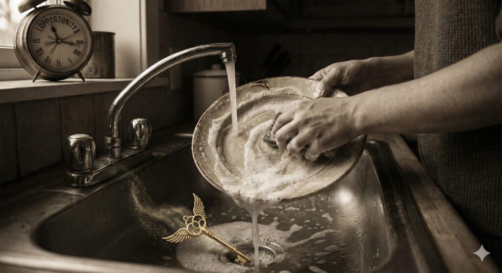 慌てて食器を洗う手元と、水流に乗って排水溝へ流れ落ちていく金色の鍵(好機の象徴)のイメージ画像
