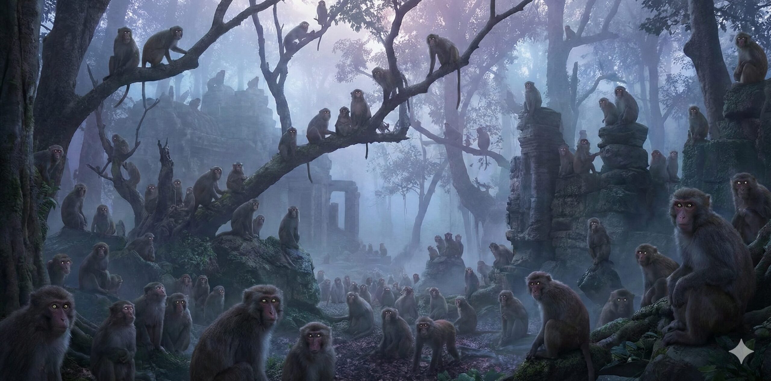 夢占いにおける象徴的な光景：霧がかった古代の森で木々や遺跡を埋め尽くす数百匹の猿の群れ。神秘的で少し不気味な雰囲気が漂う。