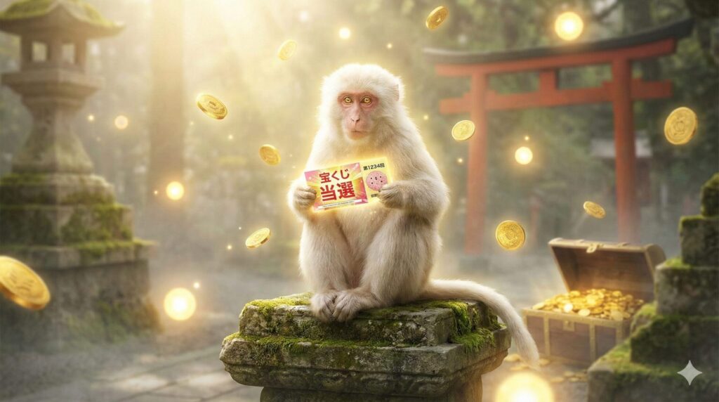 夢占いの大吉夢:神々しい光の中、神社の境内で宝くじの当選券を手にした白い猿。周囲には金貨が舞い、宝箱が置かれている。