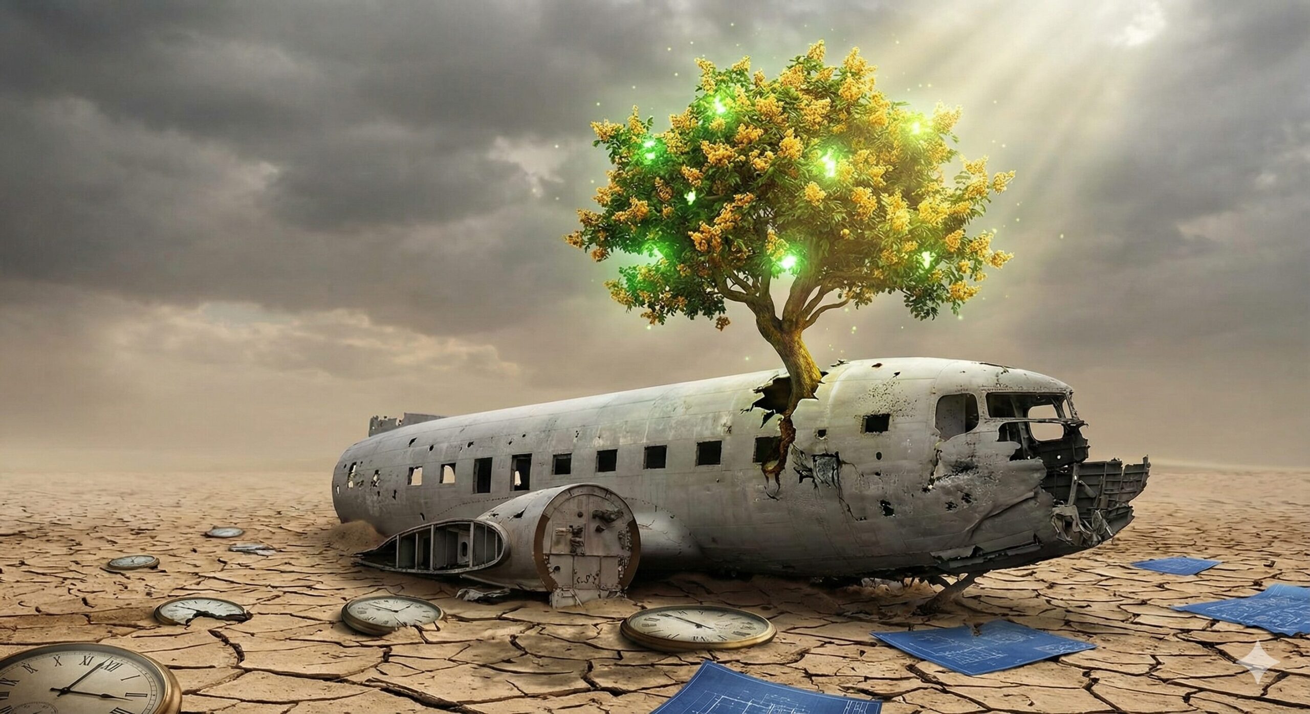 静かな大地に横たわる飛行機の残骸から、光り輝く植物が力強く芽吹いている様子。物事の停滞や挫折を意味する墜落の後に訪れる、新しい始まりと再生を象徴するスピリチュアルなイメージ。