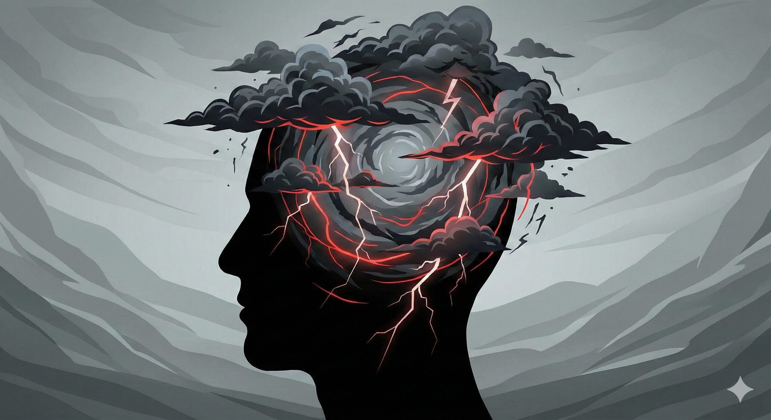 脳内で激しい嵐と雷が渦巻き、限界に近いストレスや抑圧された怒りの感情が爆発寸前であることを示す抽象的なイラスト