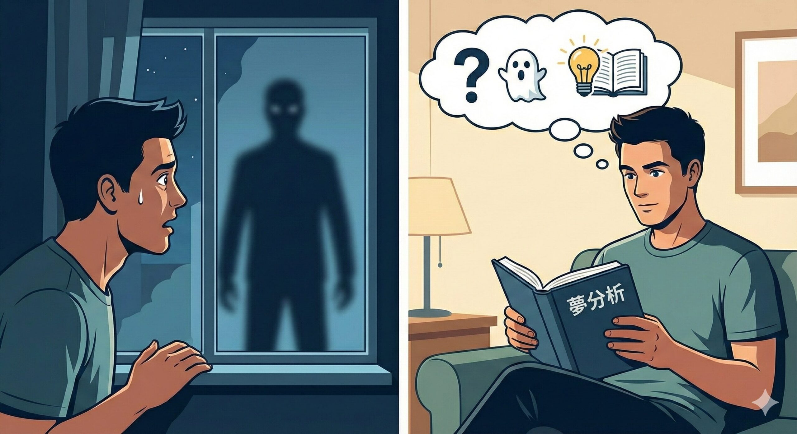 窓の外の不審者に怯える姿と、夢分析の本を読んでその意味(漠然とした不安)を理解し安心する姿の対比イラスト