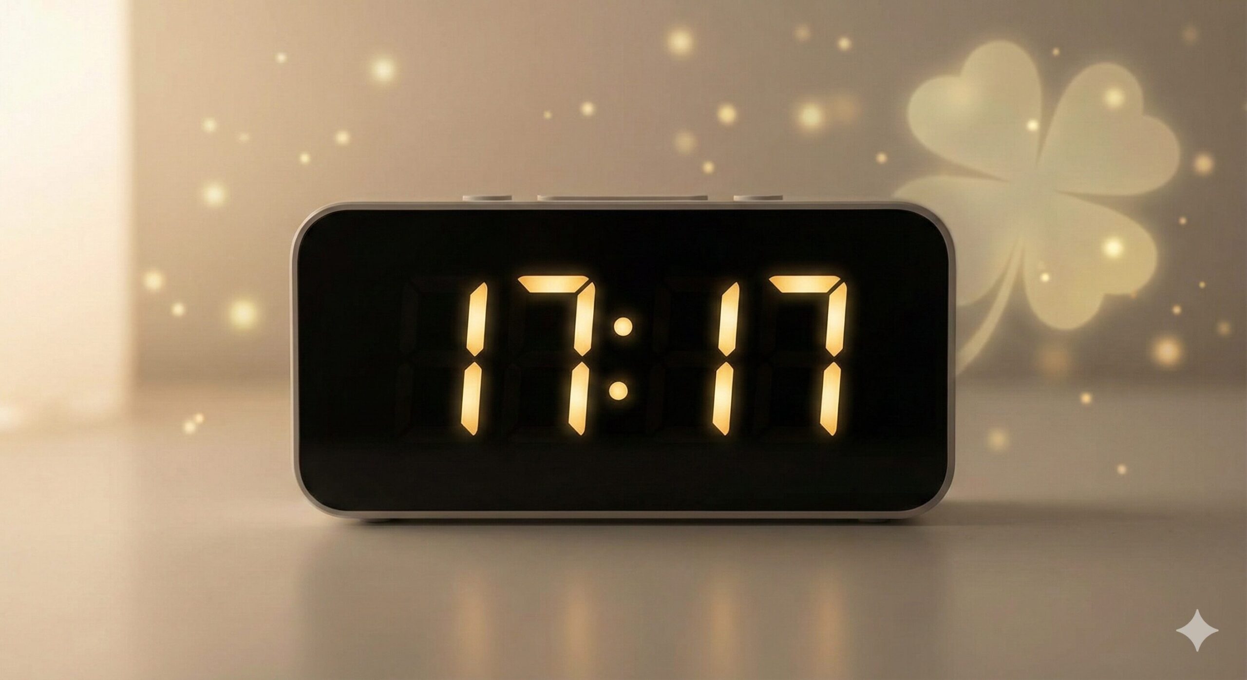 薄暗い部屋で、デジタル時計の「17:17」の表示が金色に光り、背景には幸運を象徴する四つ葉のクローバーの影が浮かび上がっている画像