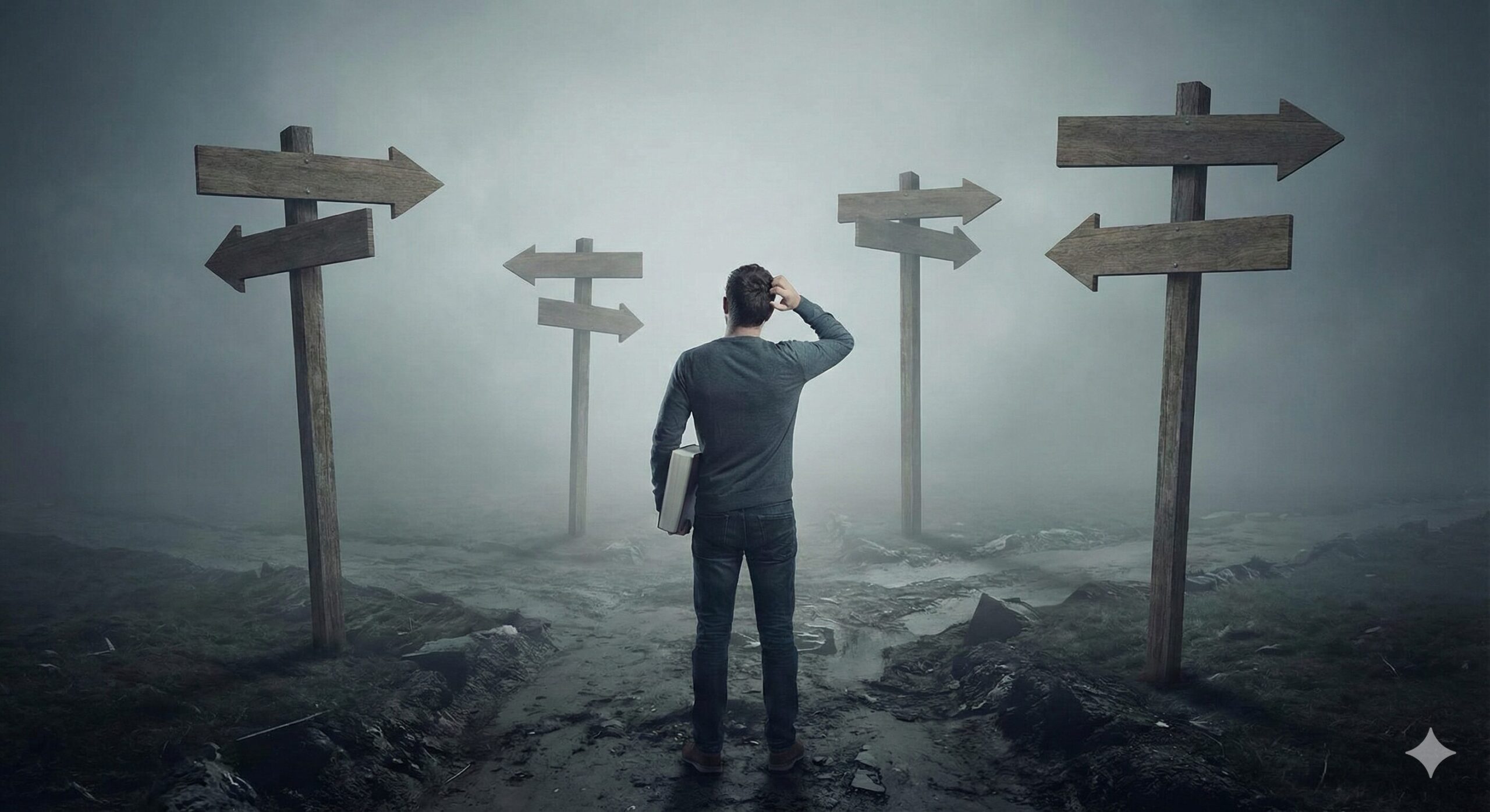 霧深い分かれ道で、無数の標識が混乱を示すように異なる方向を指し、本を持った人物が頭を抱えて立ち尽くしている画像