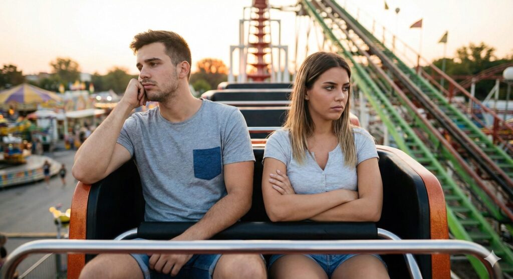 夢占いで恋人と乗るジェットコースターが意味する、関係のマンネリや不満を象徴する、退屈そうで会話のないカップルの様子。