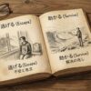 夢占いの古い書物が開かれ、左ページには「逃げる」、右ページには「助かる」というテーマで、津波の夢の異なる結末と意味がイラスト付きで解説されている。