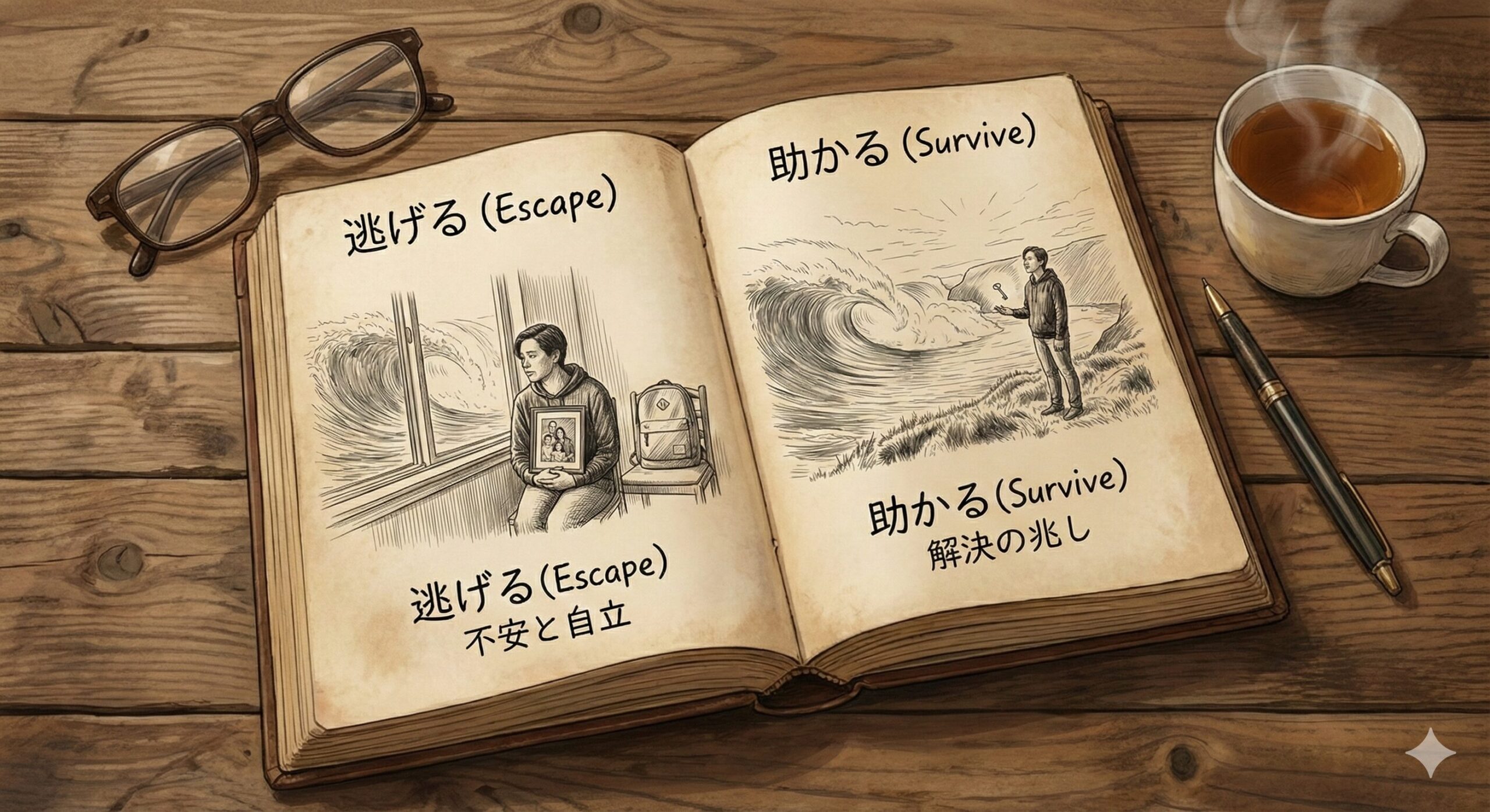 夢占いの古い書物が開かれ、左ページには「逃げる」、右ページには「助かる」というテーマで、津波の夢の異なる結末と意味がイラスト付きで解説されている。