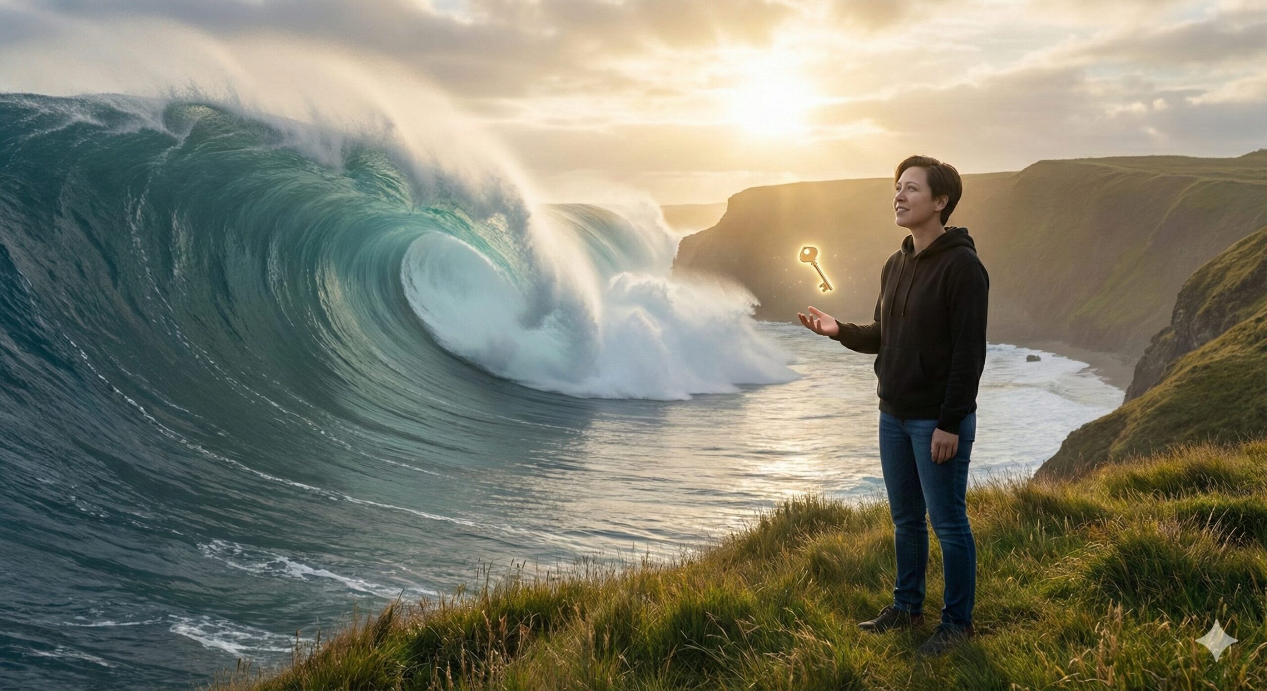 巨大な津波が去った後の崖の上に立ち、安堵と希望に満ちた表情で光る鍵を見つめる人物。トラブル解決と新たな可能性を象徴する光景。