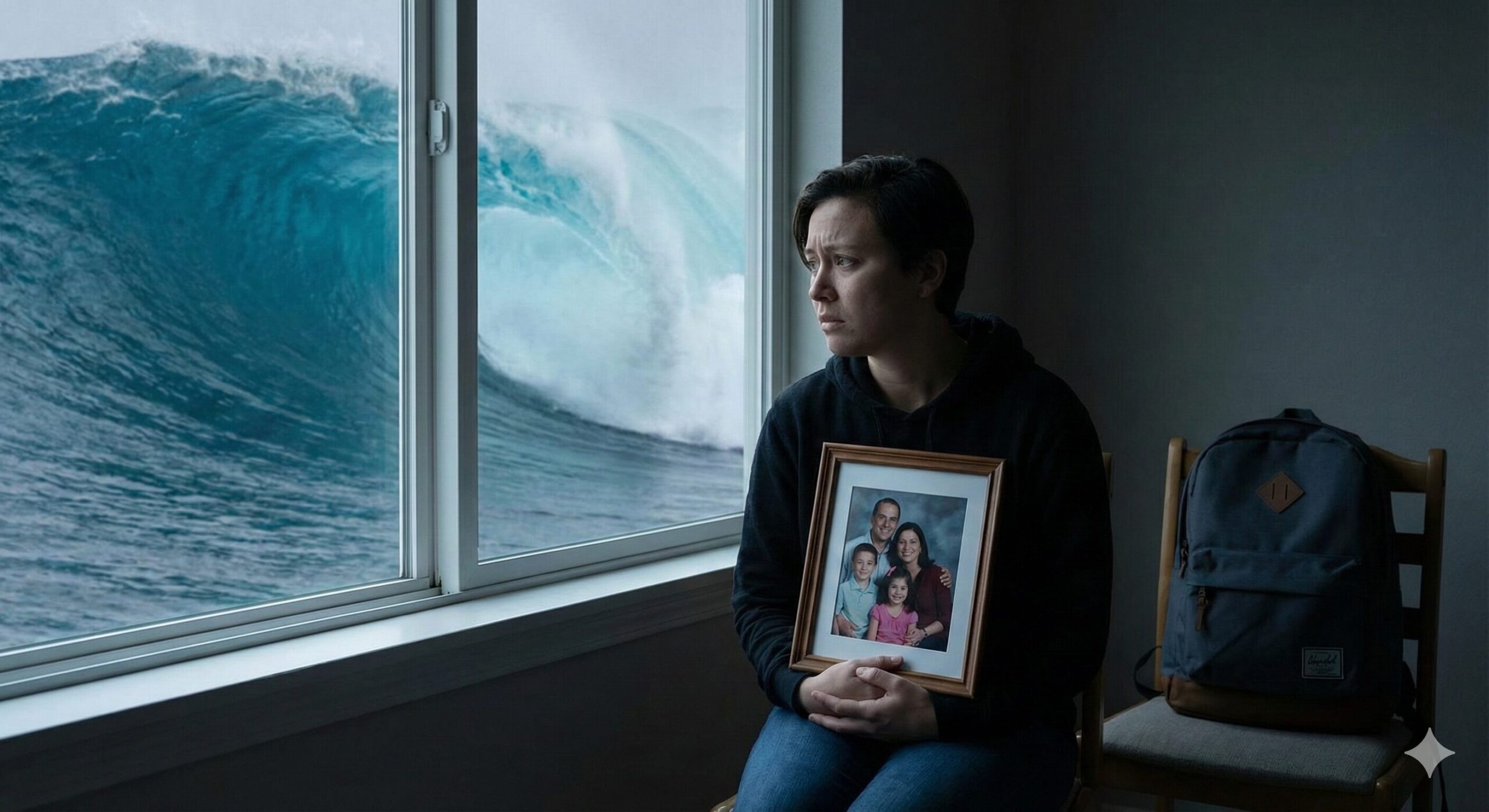 津波が迫る窓辺で、家族の写真を抱きしめながら不安な表情で外を見つめる人物。傍らにリュックが置かれ、避難や自立の必要性を暗示している。