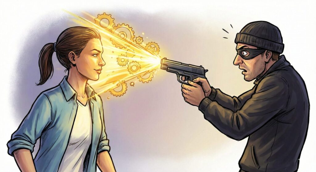 夢占いで銃を持つ強盗と対峙する女性。銃口から歯車のようなエネルギーが放出されており、恐怖ではなくやる気や目標達成への推進力が高まっていることを象徴するイラスト。