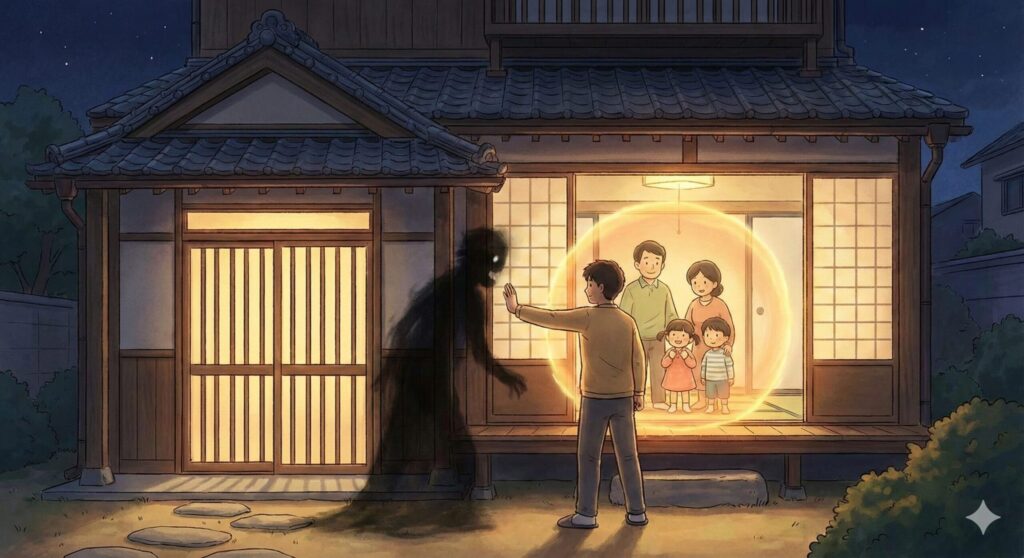 実家の夢で影のような強盗から家族を守る男性のイラスト。家族に対する責任感や、精神的な境界線(バウンダリー)を守ろうとする強い意志を光のバリアで表現している。