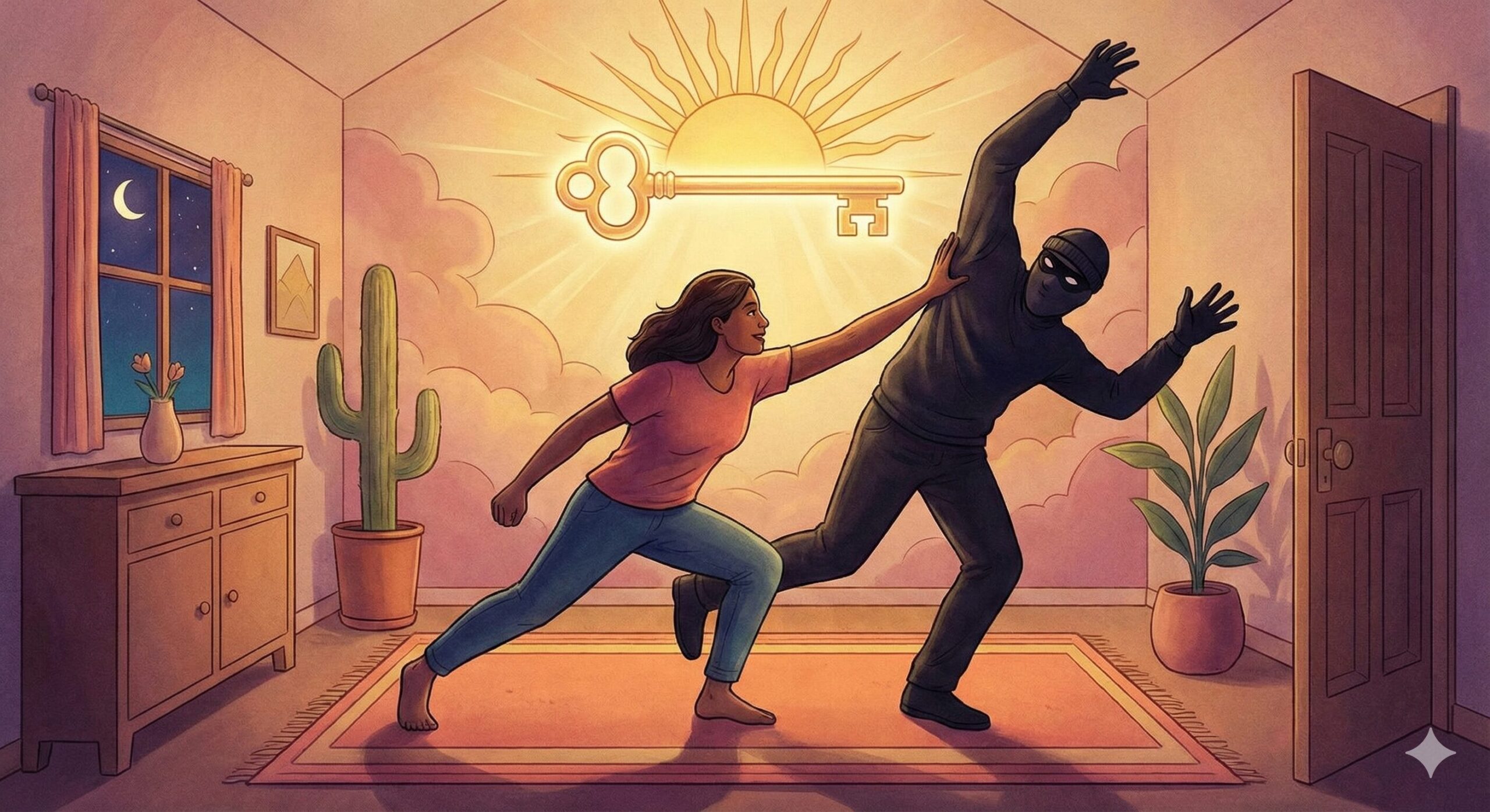 夢占いで強盗を撃退する女性のイラスト。吉夢を象徴する鍵と太陽が描かれ、ポジティブなエネルギーと問題解決能力の表れを示唆している。