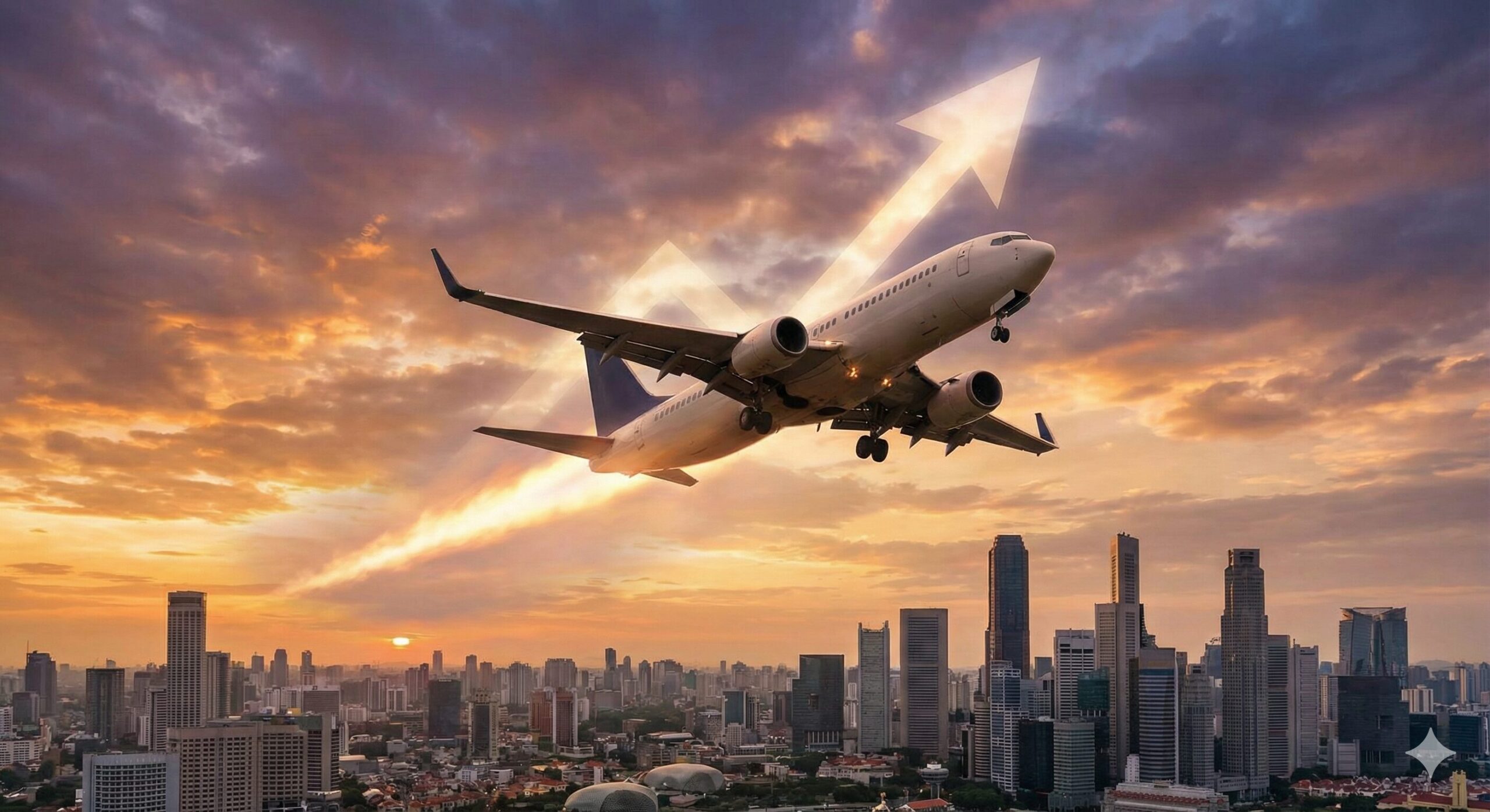 黄金色に輝く朝日を背景に、滑走路から力強く急角度で大空へと離陸していく飛行機の姿。新たな挑戦や強い野心、人生の劇的な変化を象徴するエネルギッシュな光景。