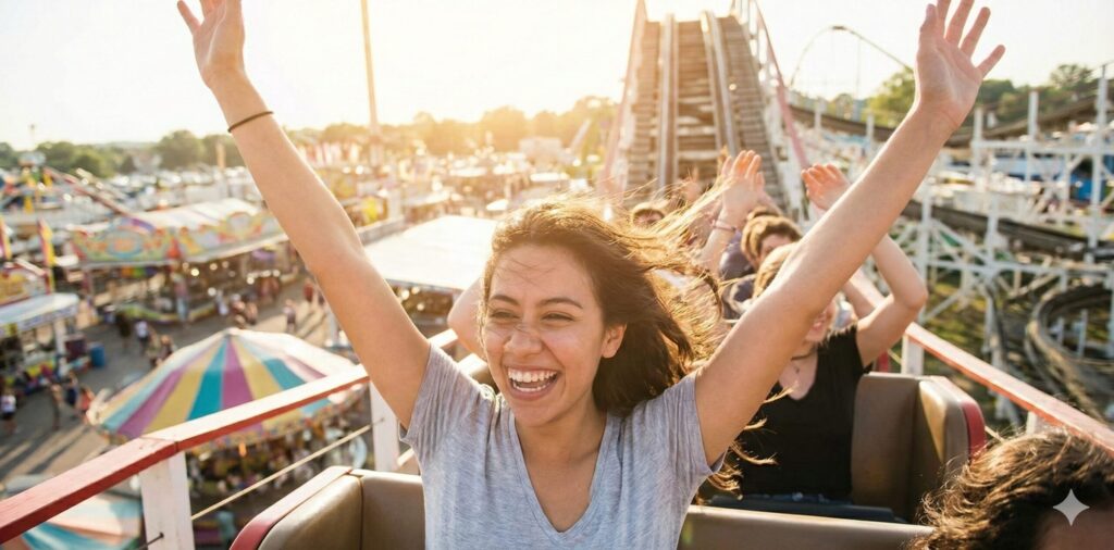 夢占いでジェットコースターが怖くない時の心理を表す、笑顔で両手を上げて楽しんでいる女性の様子。運気上昇やポジティブなエネルギーの象徴。