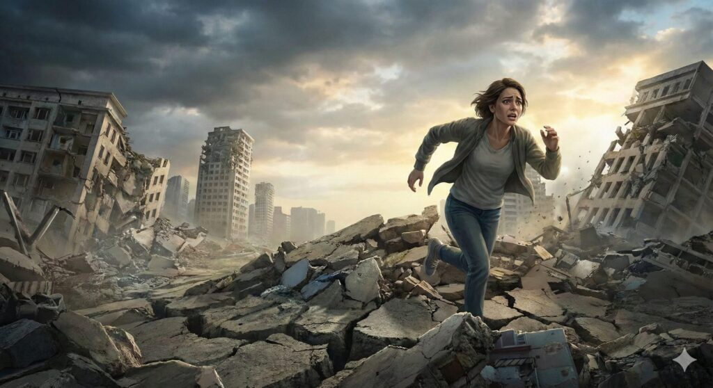 崩れ落ちる建物と瓦礫が散乱する街の中を、必死の形相で走り抜けて逃げる女性。現状のプレッシャーや不安から逃れたいという心理状態を表す様子。