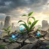 地震で崩壊した街の瓦礫の隙間から、光り輝く青い植物が力強く芽吹いている様子。夢占いにおける「破壊」の後に訪れる「再生」と運気上昇を象徴するイメージ。
