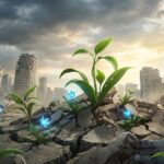 地震で崩壊した街の瓦礫の隙間から、光り輝く青い植物が力強く芽吹いている様子。夢占いにおける「破壊」の後に訪れる「再生」と運気上昇を象徴するイメージ。
