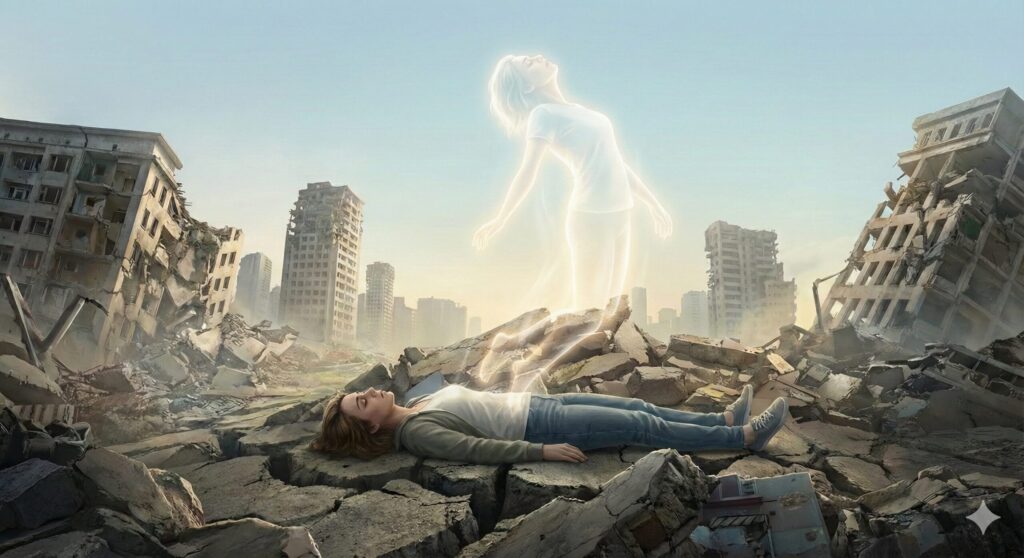 瓦礫の上で安らかに横たわる肉体から、光り輝く魂のような存在が立ち昇る神秘的な光景。「死」が終わりではなく、新しい自分への生まれ変わり(再生)であることを示す大吉夢のイメージ