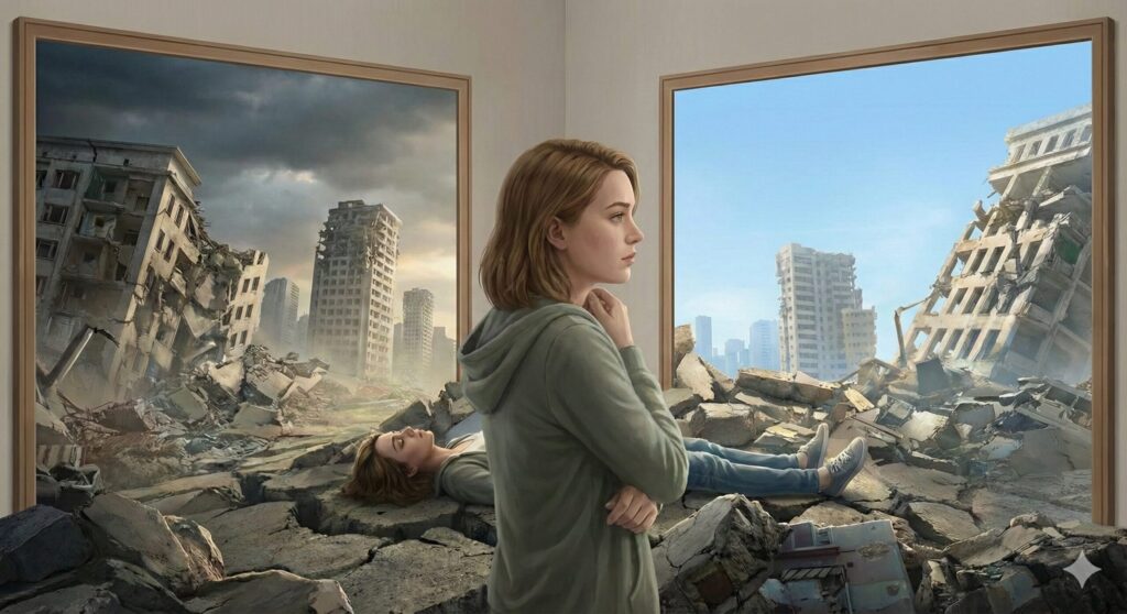 額縁のような枠を通して、地震で崩壊した街の景色を冷静に見つめる女性。その夢が現実に起こる予知夢なのか、逆の意味を持つ逆夢なのかというパラドックスを表現したアート。