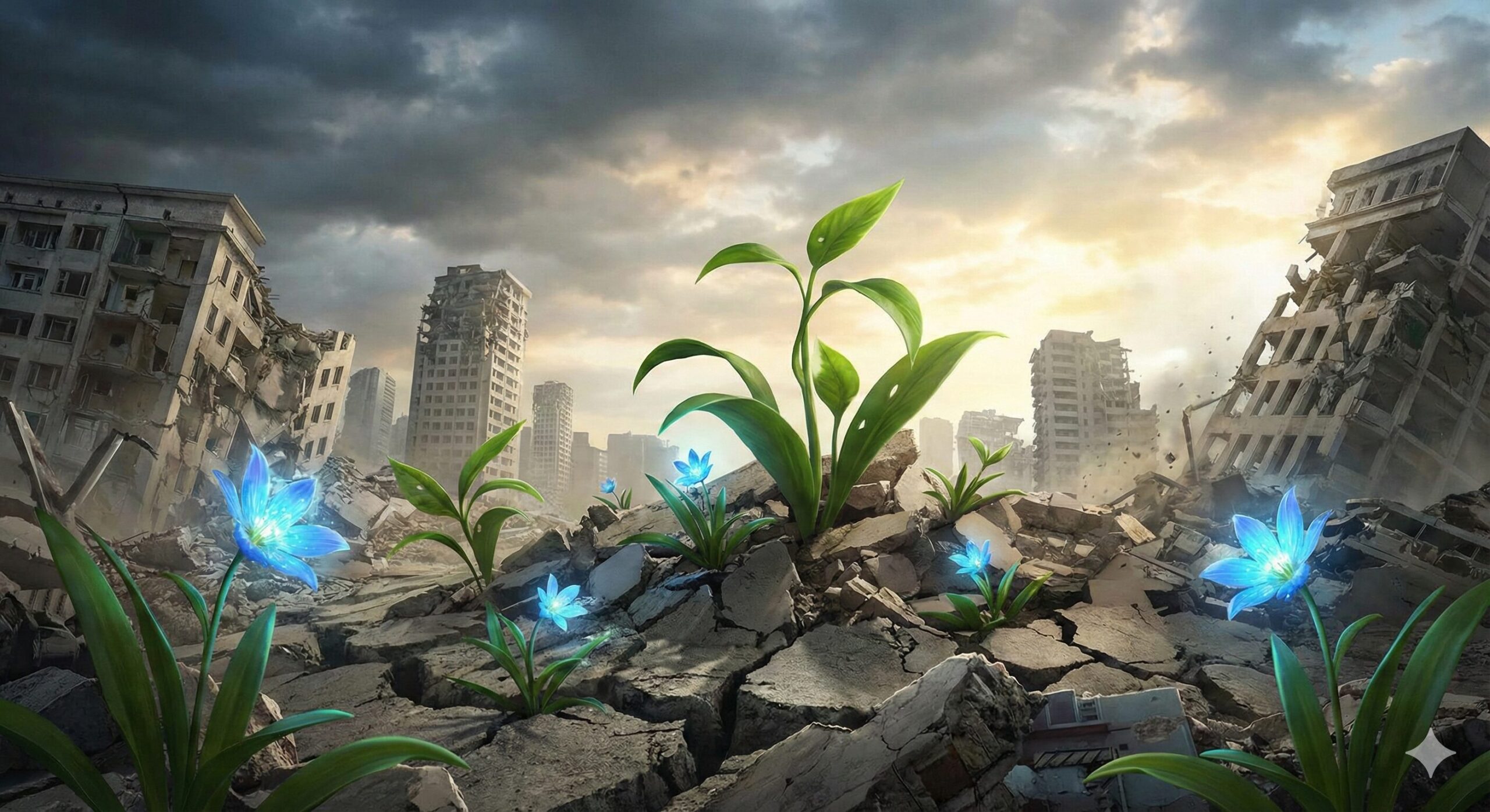 地震で崩壊した街の瓦礫の隙間から、光り輝く青い植物が力強く芽吹いている様子。夢占いにおける「破壊」の後に訪れる「再生」と運気上昇を象徴するイメージ。