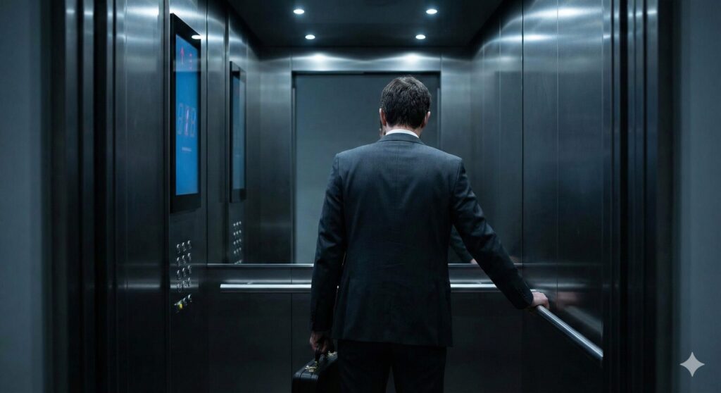 暗めの照明の現代的なエレベーター内で、背中を向けて立ち尽くすスーツ姿の男性。閉鎖空間での圧迫感と、深層心理にある先行きの見えない不安や心理的プレッシャーを象徴する光景。