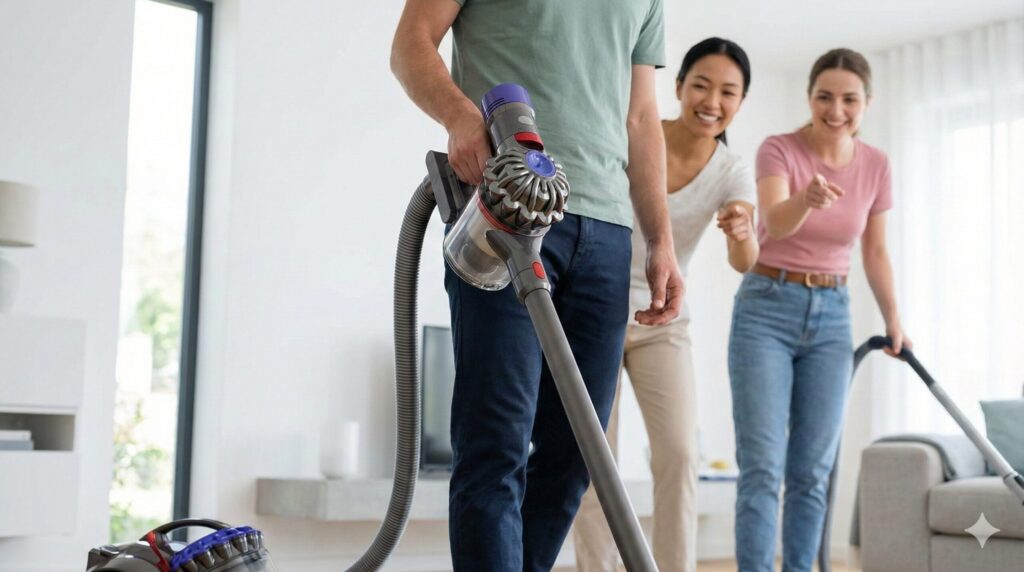 掃除機をかけて問題を解決しようとする男性と、その背後で笑顔で応援しサポートする二人の女性。