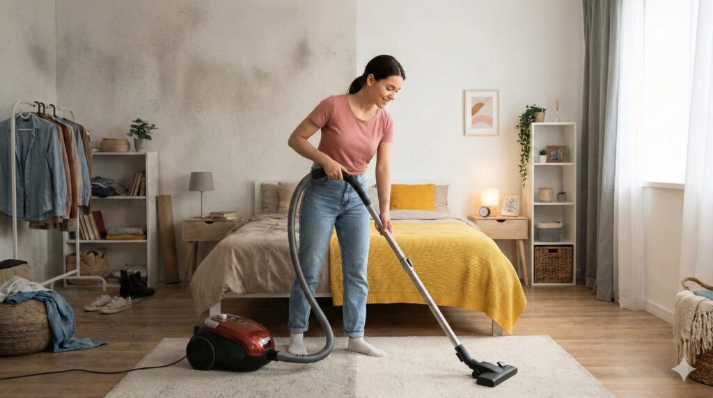 自分の部屋を掃除機で綺麗にする女性。散らかった空間が整理され、新しい自分に生まれ変わる変化のプロセス。